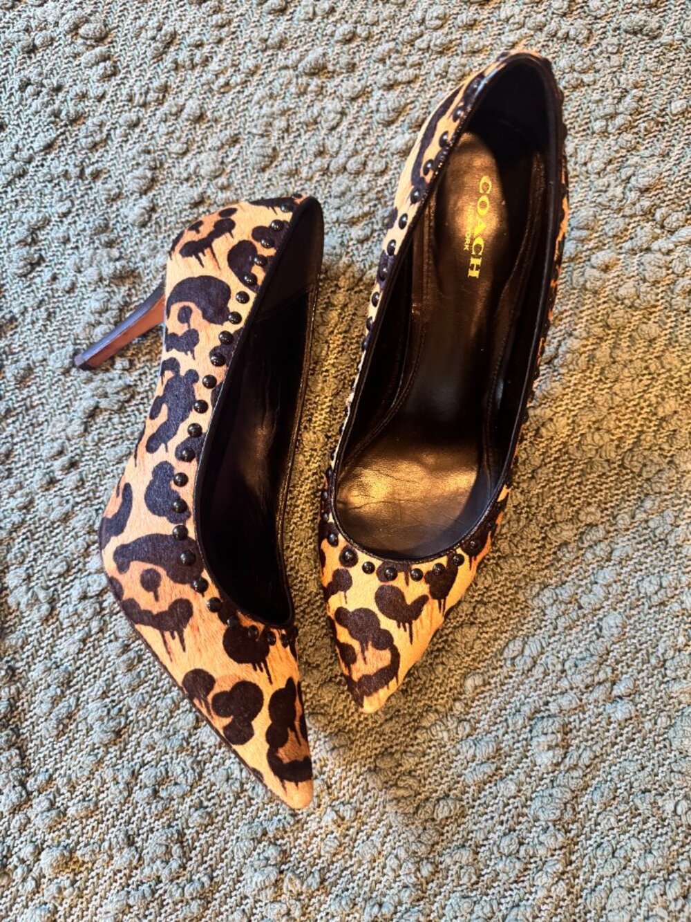 COACH Ocelot Leopard Calf Hair Studded Pointed Toe Stiletto Pumps Heels 8.5B